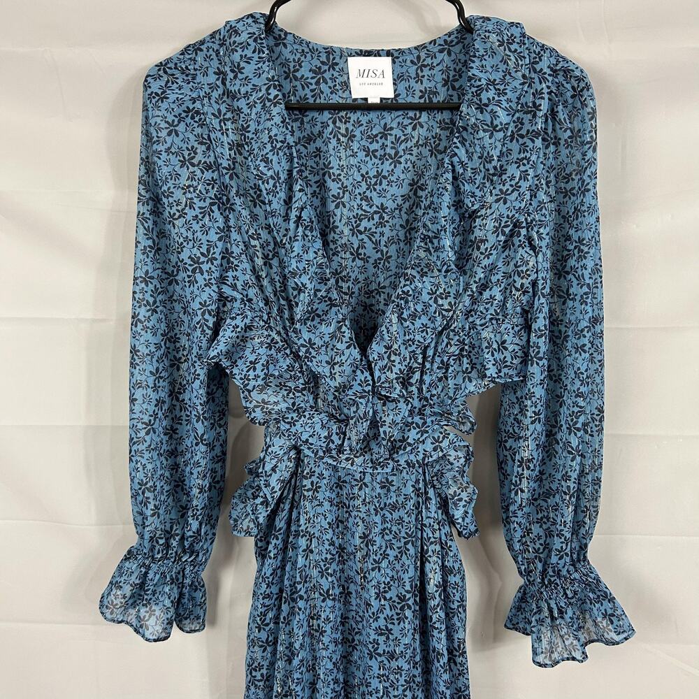 Misa Los Angeles Dress XS Amelia Midi Blue Floral Ruffle Boho Romantic Flowy Chi - Picture 7 of 16